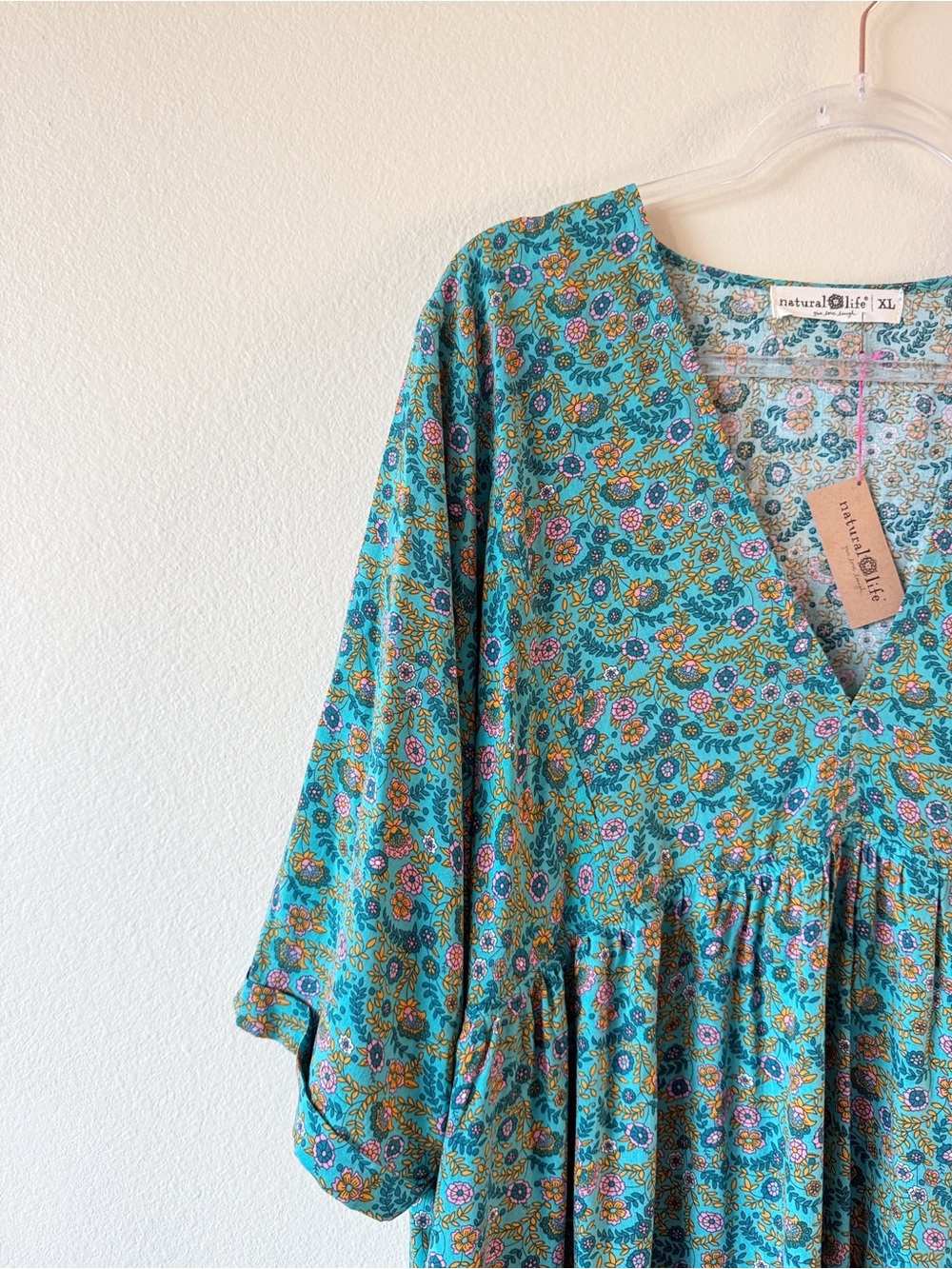 Natural Life XL Floral Boho Babydoll Dress Teal Pockets Oversized Cottagecore - Picture 3 of 12